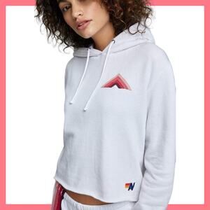 Aviator Nation White Cropped Hoodie Rainbow Chevron Logo Made USA‎ Cozy Cali
